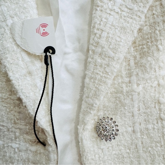 Zara cream tweed 3/4 sleeves with rhinestones buttons blazer cropped jacket NEW - Picture 7 of 8